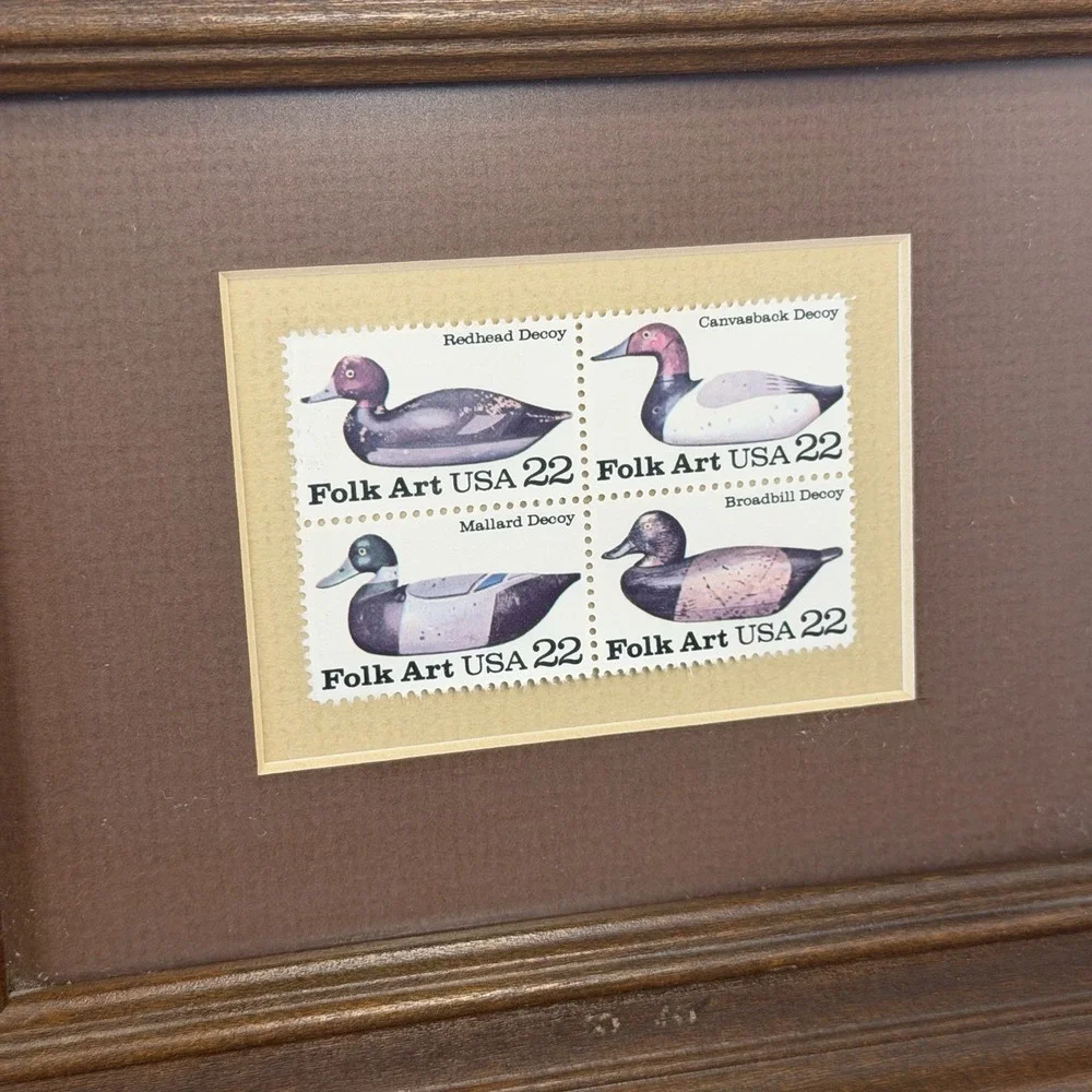 Framed VTG 1985 Folk Art USA 22¢ Duck Decoy Stamps Block of 4 Rustic Decor Set